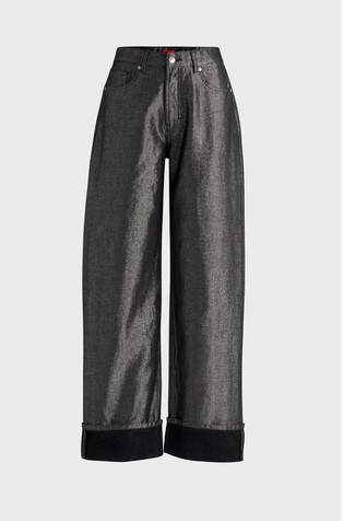 Jeans hlače z visokim pasom iz kovinsko svetlečega denima