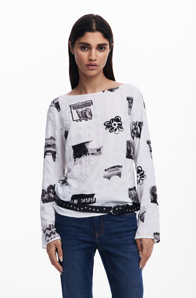 DESIGUAL Teksturirana bluza z vzorcem in pentljami Bela - White / Black 