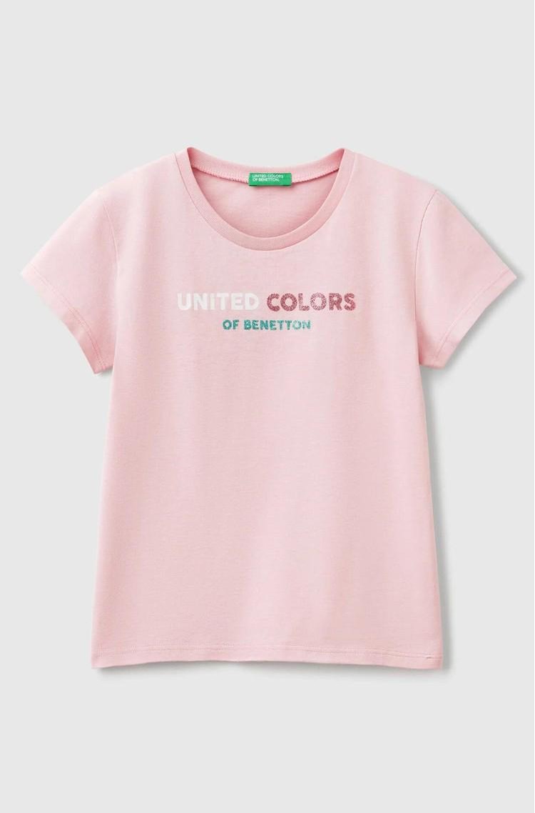 BENETTON Bombažna majica z bleščečim logotipom Roza - Pink 