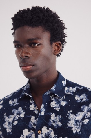 SPRINGFIELD Printed short sleeve cotton-linen shirt Blue 3