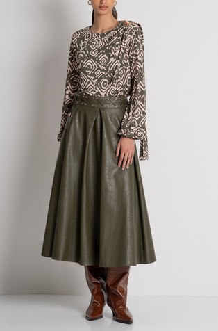 Midi flared faux-leather skirt