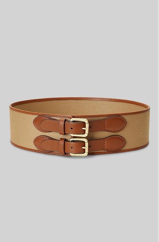 Leather-Trim Twill Wide Belt