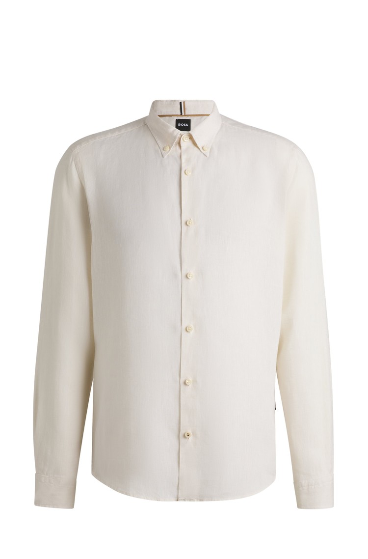 HUGO BOSS Regular fit lanena srajca z gumboma na ovratniku Bela - Open White 