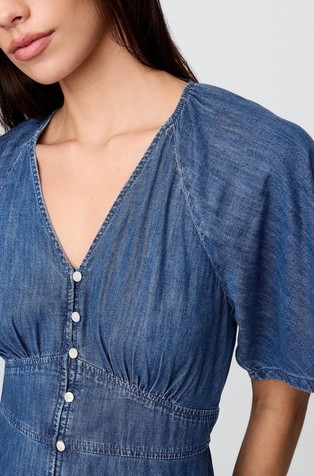 GAP Ženska dolga obleka z naborkom in plapolajočimi rokavi Modra - Medium Wash 4