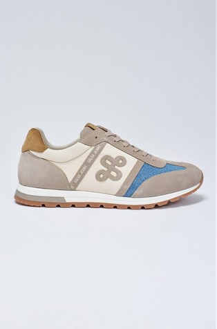Leather trainers with denim inserts