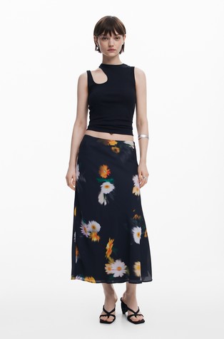 DESIGUAL Midi krilo z zabrisanim cvetličnim motivom Črna - Black 4