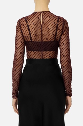 ELISABETTA FRANCHI Bodysuit in flocked tulle with diagonal stripes Red 2
