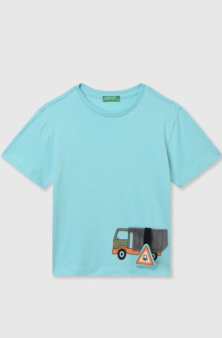 BENETTON Bombažna majica s potiskom in reliefno aplikacijo Modra - Light Blue 