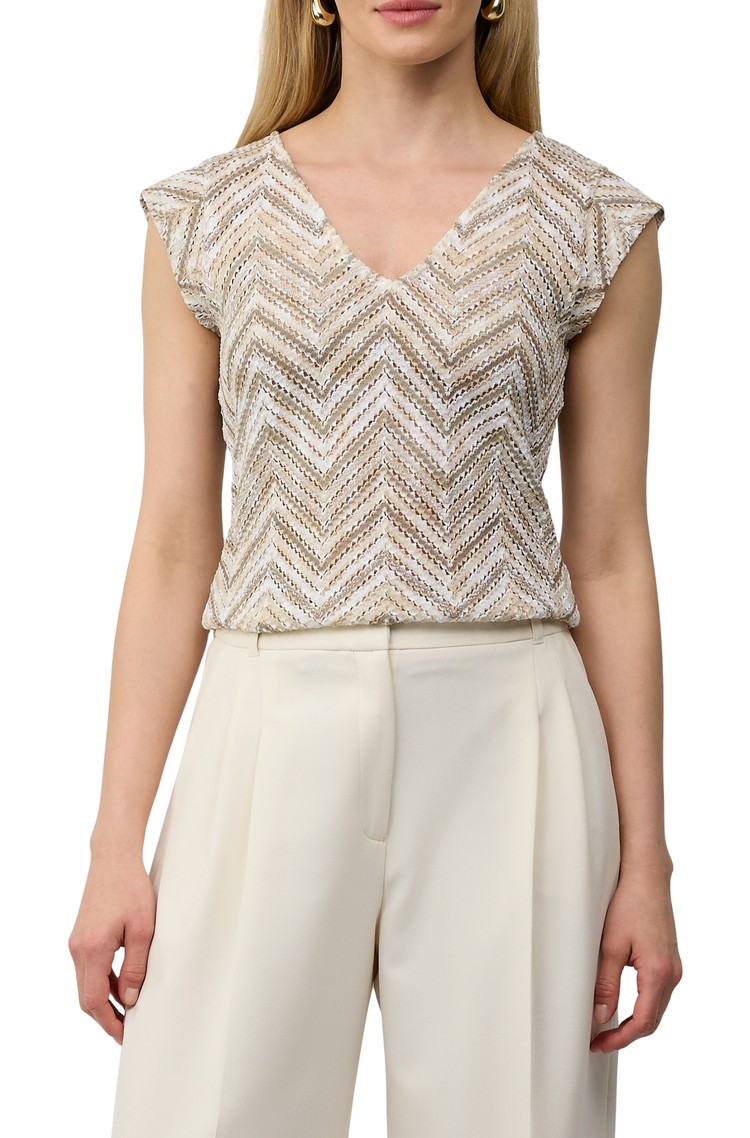 S.OLIVER Semi-transparent pattern V-neck T-shirt of knitted jersey Beige 