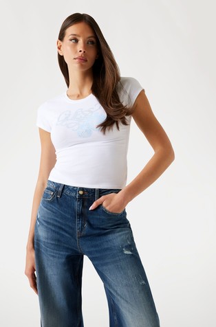 Majica z logo potiskom in okrasnimi kamenčki