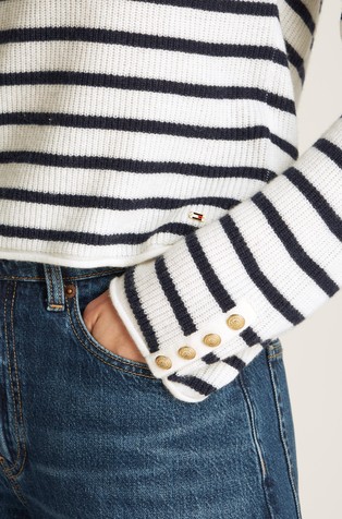TOMMY HILFIGER Relaxed fit črtast pulover iz volnene mešanice Večbarvna - White / Blue 4