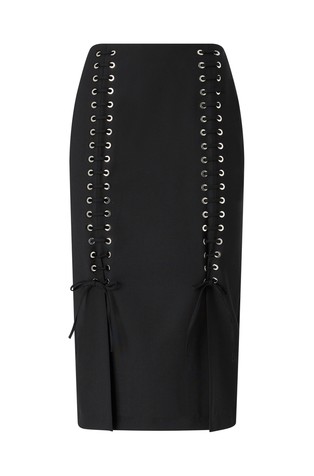 Slim-fit midi skirt with two slits and laces