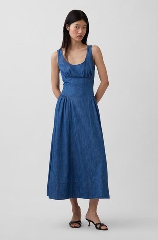 Linen-Blend Shirred Maxi Dress