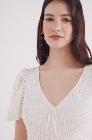 SPRINGFIELD Short sleeve crochet midi dress White 4