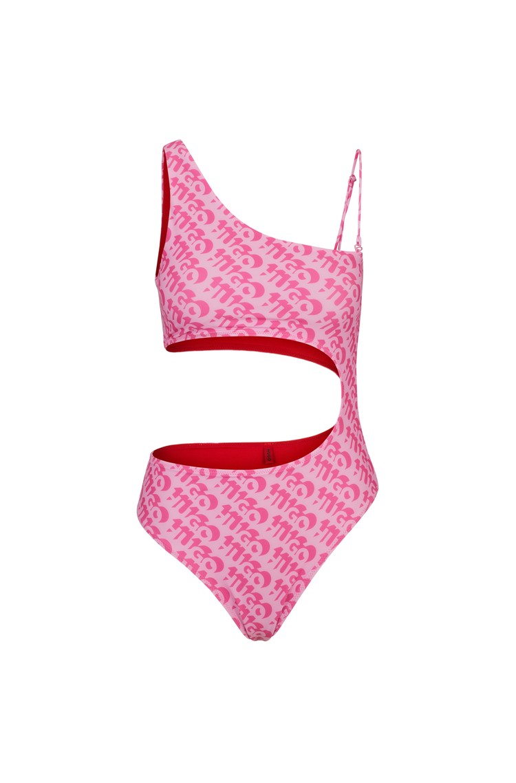 HUGO BOSS Enodelne kopalke z izrezanim detajlom in vzorcem logotipov Roza - Pink 