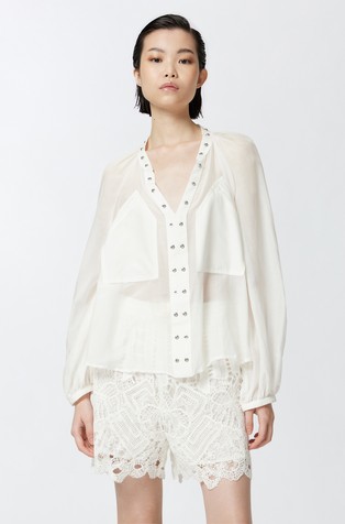 Loose fit bluza iz bombaža in svile z dekorativnimi neti