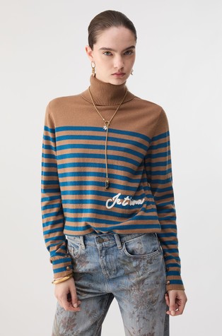 Striped Turtleneck Sweater with Embroidery