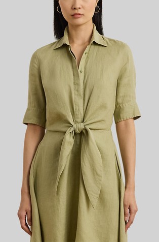 RALPH LAUREN Lanena srajčna obleka z zavezovanjem v pasu Zelena - Light Olive 3