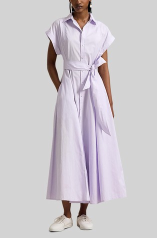 Črtasta bombažna srajčna obleka s pasom