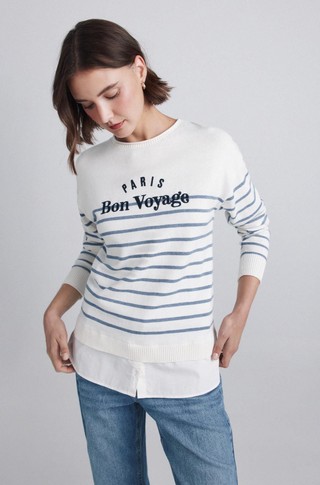 Striped mixed-material jumper with lettering