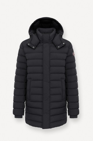 Quilted water-repellent down jacket with side slits
