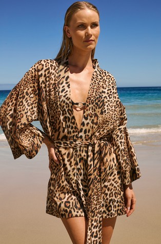 Beastly Beach bombažen kimono z leopardjim vzorcem