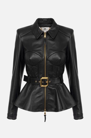 ELISABETTA FRANCHI Leather jacket with belt Black 5