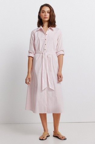 Midi srajčna obleka s črtastim vzorcem
