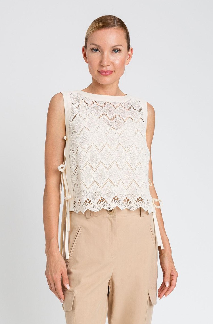 TWINSET Top iz makramé čipke Bež - Delicate Beige 