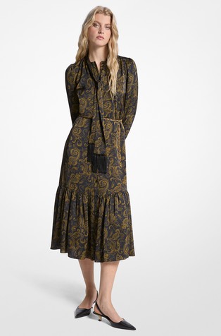 Paisley Print Satin Tie-Neck Midi Dress