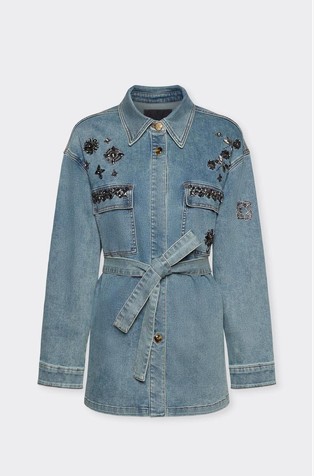 Long denim overshirt with rhinestones and beads