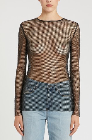 Mrežasta majica z dolgimi rokavi in okrasnimi kamenčki