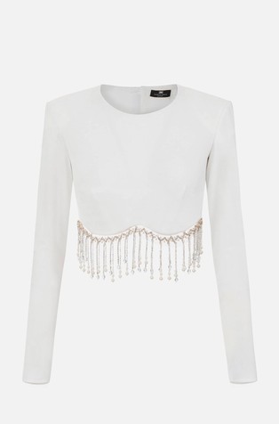 ELISABETTA FRANCHI Velvet crop sweater with beads White 5
