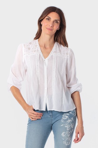 Bombažna bluza s plisiranimi gubami in vezenimi detajli