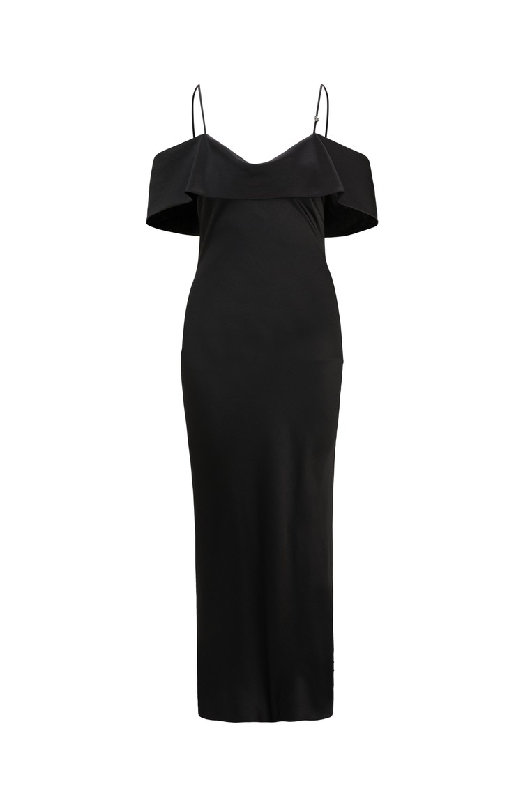 HUGO BOSS Satenasta midi obleka z drapiranim izrezom Črna - Black 