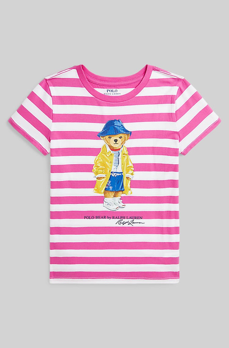 RALPH LAUREN Polo Bear črtasta majica iz bombažnega jerseya Roza - Belmont Pink / White Stripe 