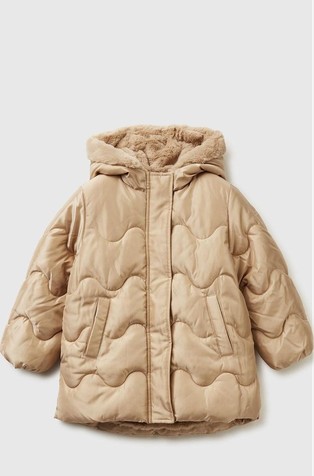 Bunda iz svetlečega najlona s kapuco in kosmateno podlogo