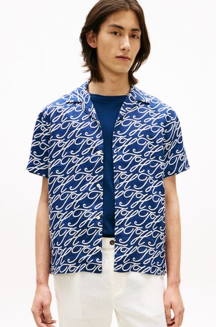 Regular fit logo lanena srajca s kratkimi rokavi