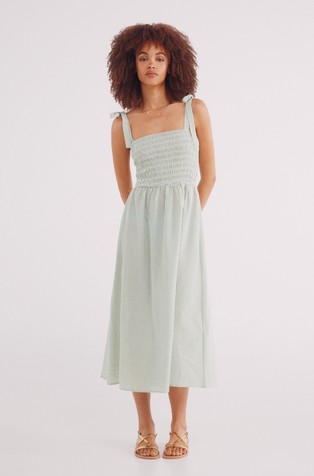 Striped print bow straps midi dress