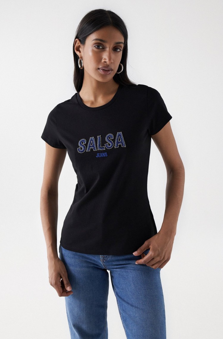 SALSA JEANS Bombažna majica z logotipom iz okrasnih kamenčkov Črna - Black 