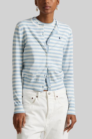 Striped Cotton-blend Crewneck Cardigan