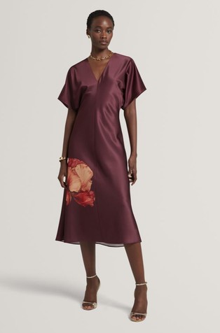 Satenasta midi obleka s potiskom