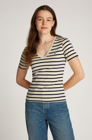Slim fit črtasta majica z V-izrezom