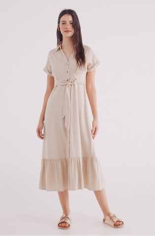 Shirt midi dress with belt in linen blend