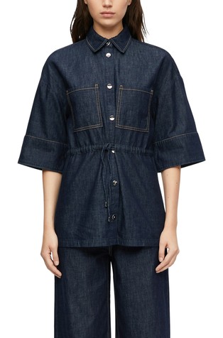 Short sleeved denim blouse jacket with drawstring