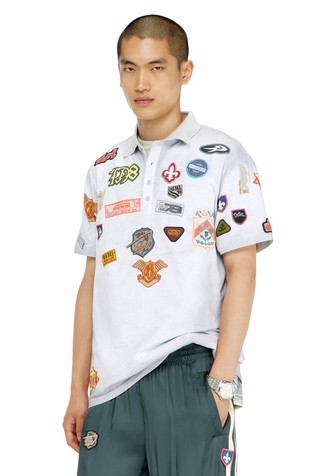 Jersey polo shirt with trompe l'oeil patches