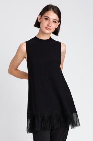 Long sleeveless top with pleated tulle insert