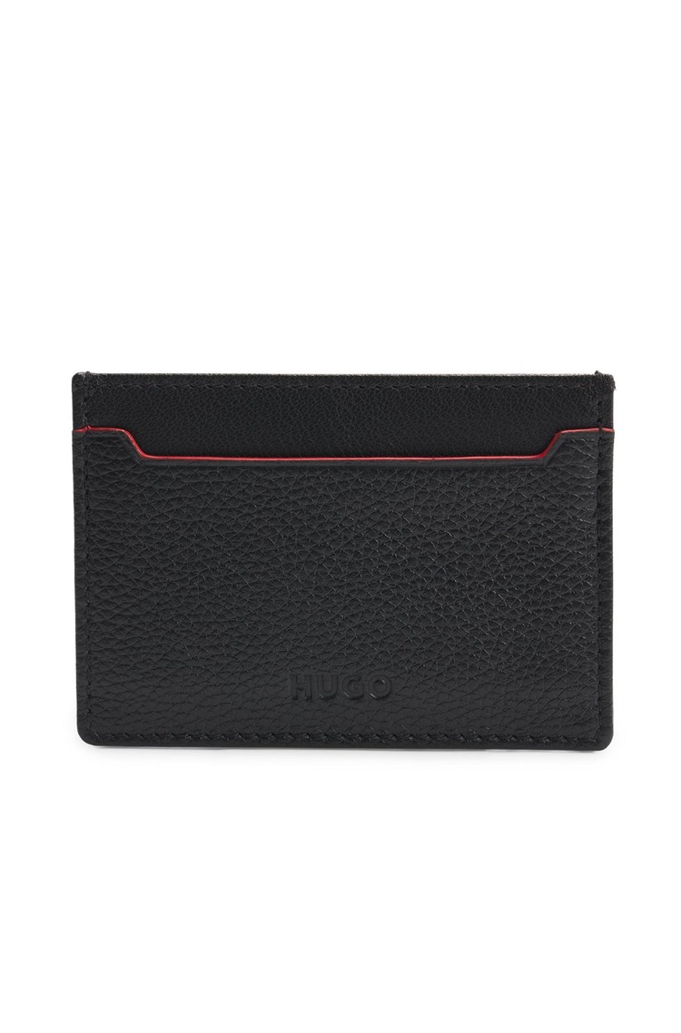 HUGO BOSS Usnjena denarnica za kartice z reliefnim logotipom Črna - Black 
