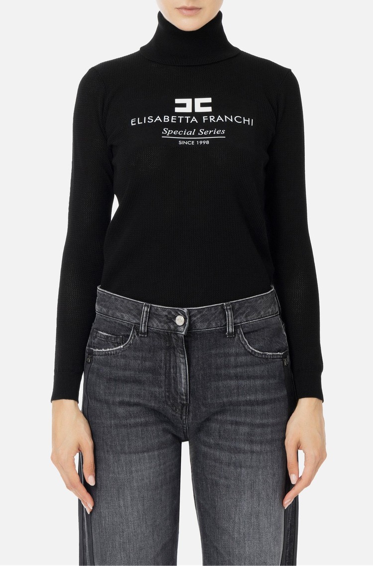 ELISABETTA FRANCHI Mrežasto pleten puli z logo vstavkom Črna - Black 