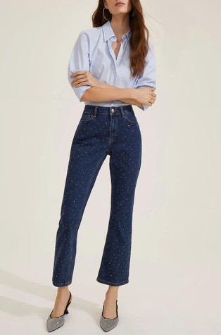 Slim fit jeans hlače z okrasnimi kamenčki